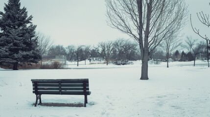 A solitary park bench faces a wintry landscape of bare trees and a blanket of snow, reflecting serene solitude in a tranquil winter wonderland.