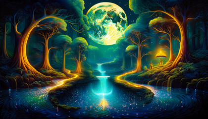  Surreal landscape painting of a bioluminescent forest under a double moon