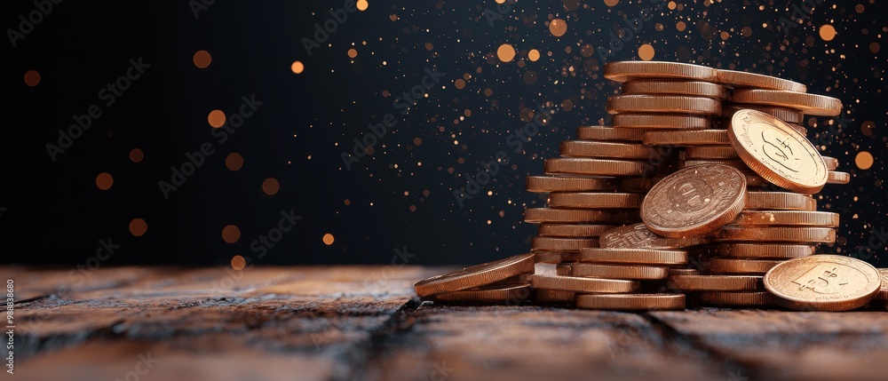 Poster sparkling coins on wooden surface with bokeh effect