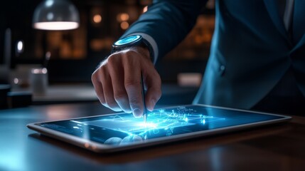 A professional hand interacts with a glowing touchscreen, showcasing advanced technology in a dimly lit environment.