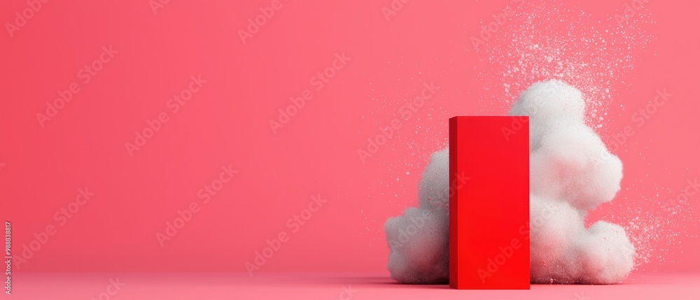 Poster bright red block with cloudy background in pink setting