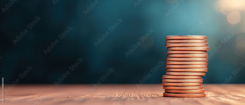 Poster stacked coins on wooden table with soft background