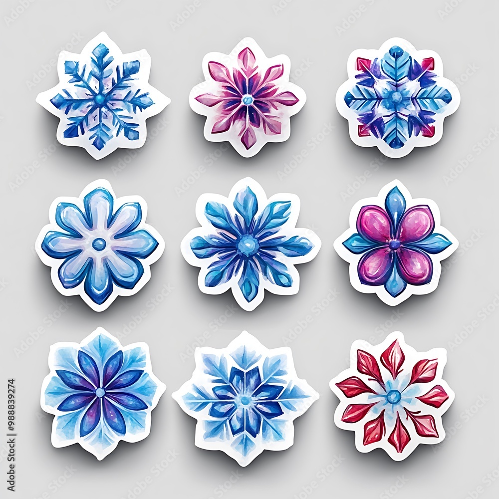 Poster nine colorful snowflake illustrations with a 3d effect and shadows on a white background.