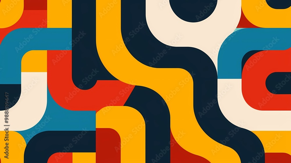 Poster the abstract image is a colorful design of overlapping curved shapes in blue, yellow, red, white, an