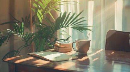Fototapeta premium A serene workspace with sunlight illuminating a potted plant, coffee mug, and notebook on a wooden desk, conveying tranquility.