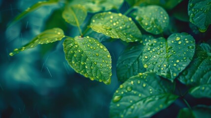 A close-up of raindrops on lush, green leaves, captured during a gentle rain shower, emphasizing freshness and the beauty of nature.
