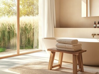 A bathtub is in a bathroom with a wooden bench and a window. A towel is on the bench