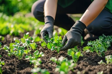 Fototapeta premium Hands planting seedlings in fertile soil