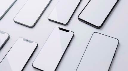 A variety of modern smartphones with blank screens arranged neatly in parallel rows on a white surface, showcasing sleek tech design.