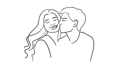 Love continuous line art drawing isolated on white background. Guy kisses girl outline. Vector illustration