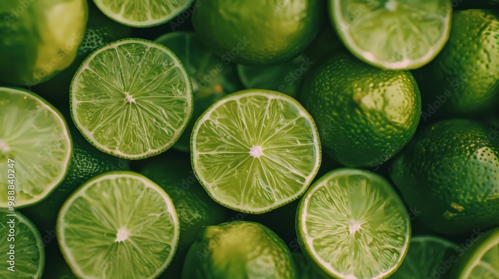 Canvas Prints A fresh, zesty collection of limes, crisply captured, showcasing the vibrant, natural texture and green hue of the cut and whole fruits.