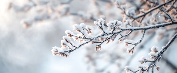 Close-up of a snow-covered branch with blurred background.
