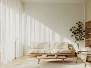 A cozy living room with a white couch and a potted plant. The couch is positioned in the center of the room, and the plant is placed on a coffee table. The room is well-lit