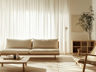 A living room with a white couch and a wooden coffee table. A vase with a plant on it is on the table