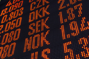 digital scoreboard with currency names and numbers for the exchange rate of financial transactions and exchanges