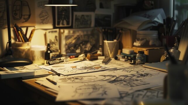 Intricate drawing instruments occupy a cluttered desk in a dimly lit room, highlighting the intense concentration required in artistic endeavors.