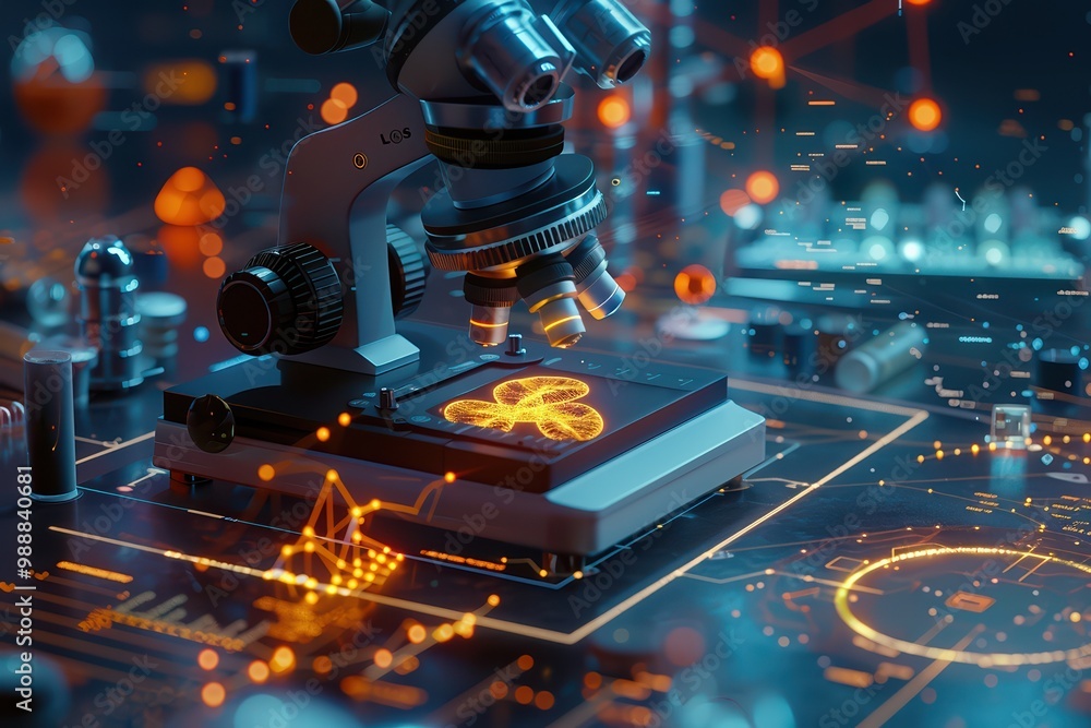 Poster a high-tech microscope on a digital interface, showcasing intricate data analysis and modern scienti