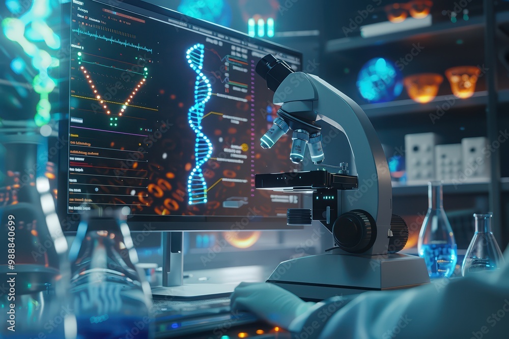 Poster a laboratory scene showcasing a microscope and a digital display of dna sequences, emphasizing scien