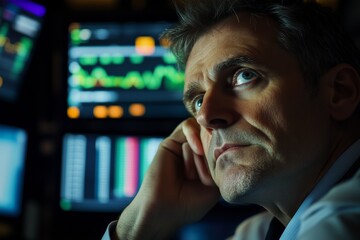 Trader analyzing market trends at night with screens displaying stock data in a trading room environment