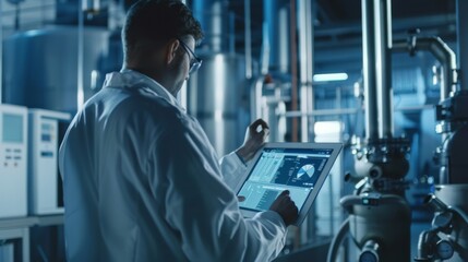 A scientist in a lab coat attentively working on a tablet amidst advanced laboratory equipment and industrial machinery, highlighting innovation and research.