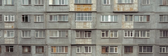 Facade of a Grey Multi-storey Panel building in Russia, Soviet architecture houses