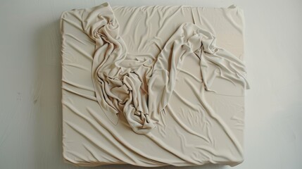 A beautifully draped cloth creates intricate folds and shadows on a square base, resembling an art piece or a meticulously arranged fabric.