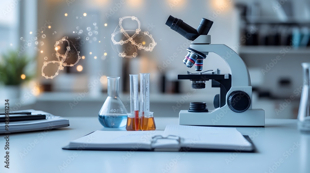 Poster microscope, beakers, and a notebook on a white laboratory table with light bokeh