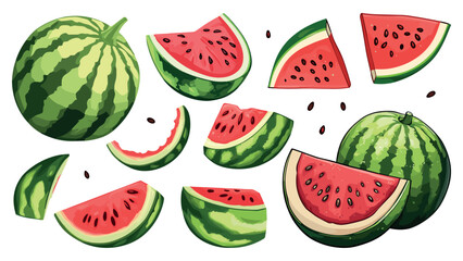 Watermelon set. Triangular slices full fruit pieces halved quarter black seeds green skin. Red juicy flesh of the ripe fruit. Tropical exotic food and drink design elements. Cartoon style isolated