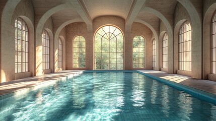 sunlit swimming pool in an elegant historic building featuring arched windows and reflective water surface luxurious classical architecture and a peaceful serene atmosphere