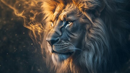 Fototapeta premium Majestic Lion with Flowing Mane Morphing into Serene Jesus. A Symbol of Power and Grace