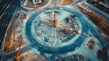 An aerial view of a large construction site with machinery and vehicles working on a busy circular intersection, showing the complexity of urban development.