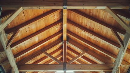A complex wooden ceiling structure, showcasing robust beams and intricate design, illuminated under soft light.
