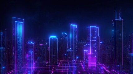 Fototapeta premium Futuristic city skyline with neon lights, dark background.