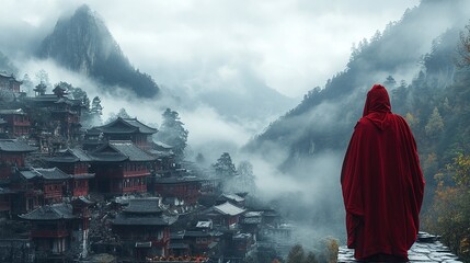 peaceful buddhist monk in red robe overlooking an ancient misty mountain village with traditional architecture under an overcast sky showcasing spiritual solitude and rugged terrain for reflection