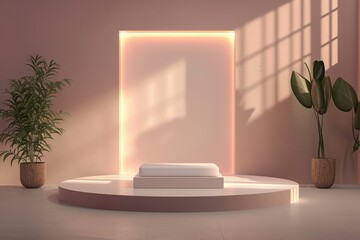 A serene interior scene featuring a minimalist pod with warm lighting, framed by plants and gentle shadows for a tranquil ambiance.