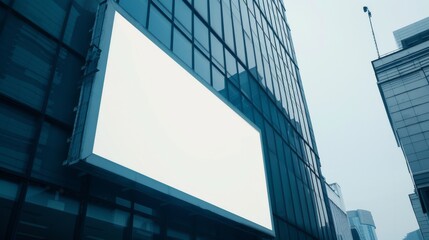 A large, blank billboard mounted on a high-rise glass building in an urban setting, waiting for advertisements or announcements, reflecting the cityscape.