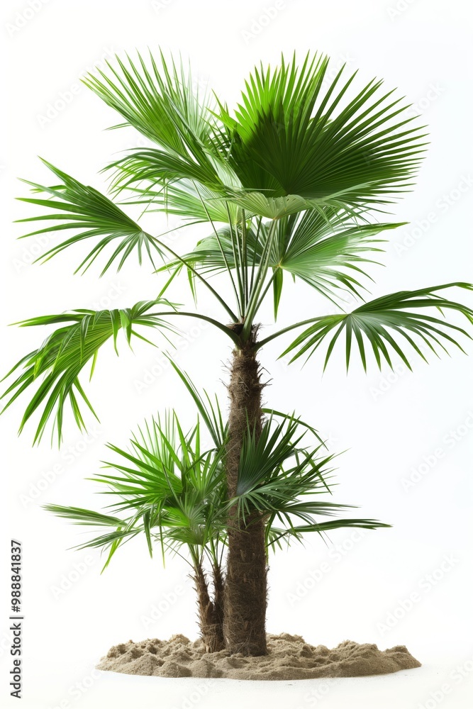 Poster a palm tree with green leaves is standing in a sandy area. the tree is tall and has a strong trunk. 