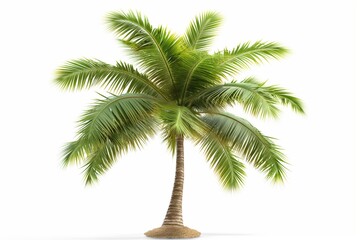 A palm tree is standing tall and alone on a white background. The tree is the main focus of the image, and it is the only object in the scene. The white background creates a sense of emptiness