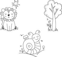 Vector illustration of children's coloring pages. simple linear pictures for a cute children's book. art. beautiful nature and animals, lion, tree, snail