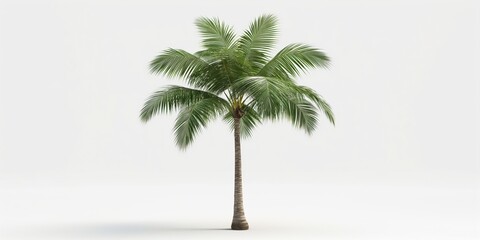 A palm tree is standing alone on a white background. The tree is tall and has a slender trunk. The leaves are green and spread out, giving the tree a sense of life and vitality