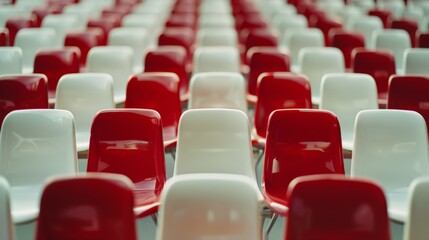 Fototapeta premium A colorful array of red and white chairs arranged in a repetitive, orderly pattern, highlighting the theme of uniformity and design.