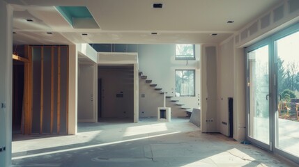 Spacious room under construction with sunlight streaming through large windows illuminating the unfinished space.