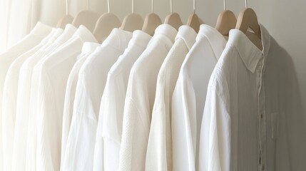 Fototapeta premium Wardrobe of White Shirts Hanging on Hangers