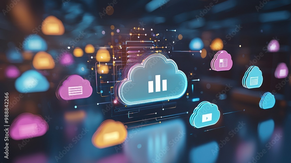 Poster a cloud storage interface with files being accessed and managed, emphasizing the concept of digital 
