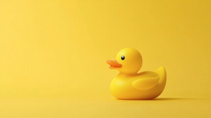 A yellow rubber duck floating in a minimalist composition against a solid yellow background.