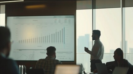 Silhouetted figure presenting graphs in a modern conference room to an engaged audience, symbolizing teamwork and corporate communication.