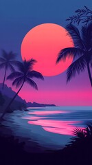 Sunset Over Tropical Ocean with Palm Trees