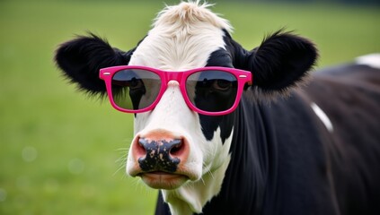 A black and white cow wearing pink sunglasses.