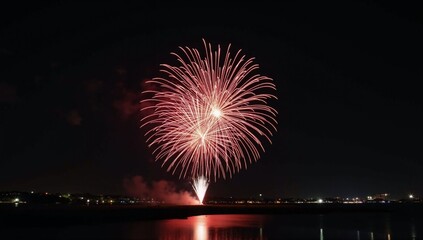 A fireworks display over a body of water at night.