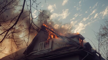 Fototapeta premium Flames engulf the upper floor of a house as thick smoke billows into the sky, creating a dramatic and intense scene of a building fire.